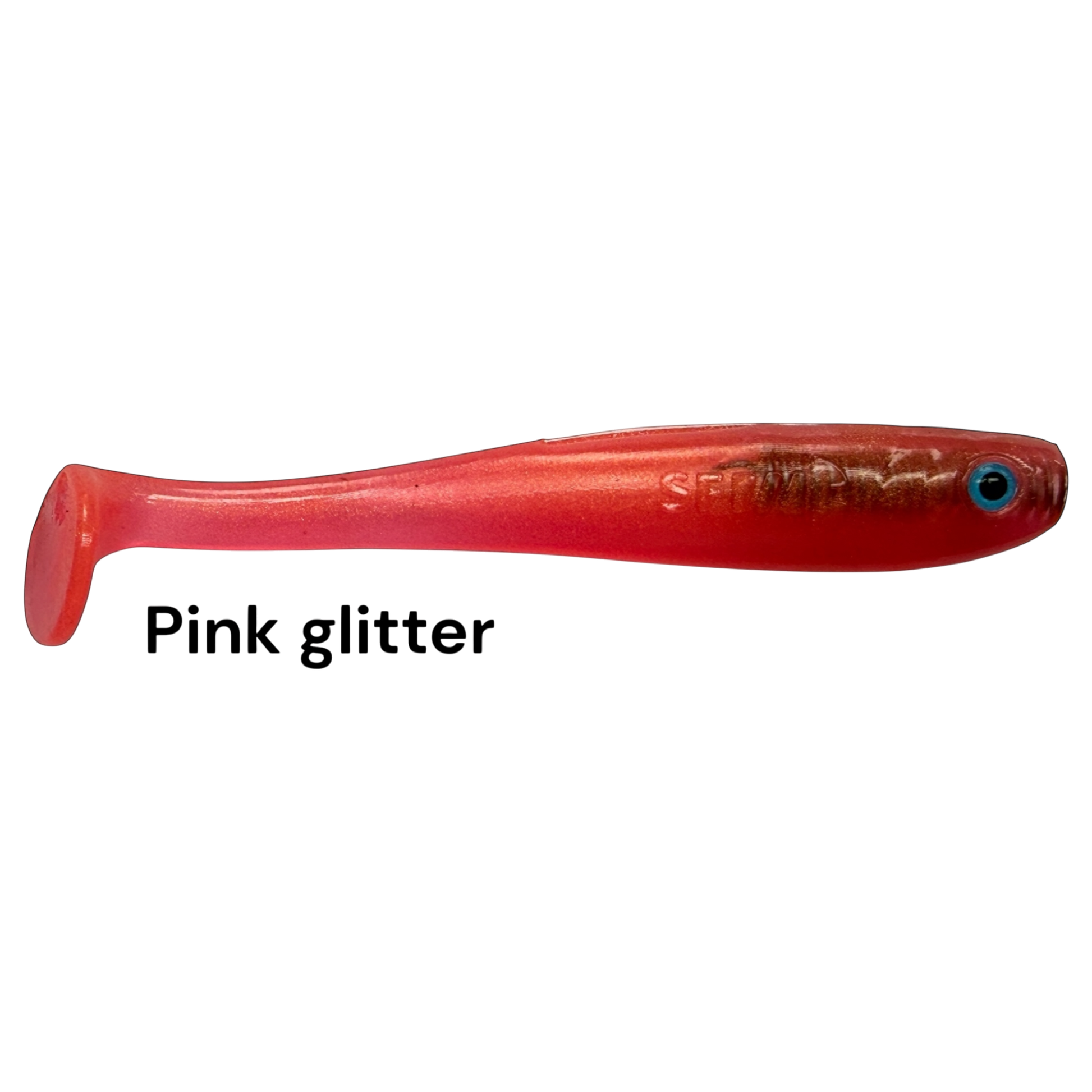 Fish-ing.net KG Shrady 10cm pink glitter soft plastic fishing lure with paddle tail and blue eye detail