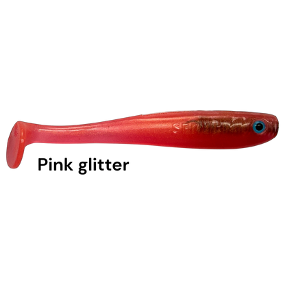 Fish-ing.net KG Shrady 10cm pink glitter soft plastic fishing lure with paddle tail and blue eye detail