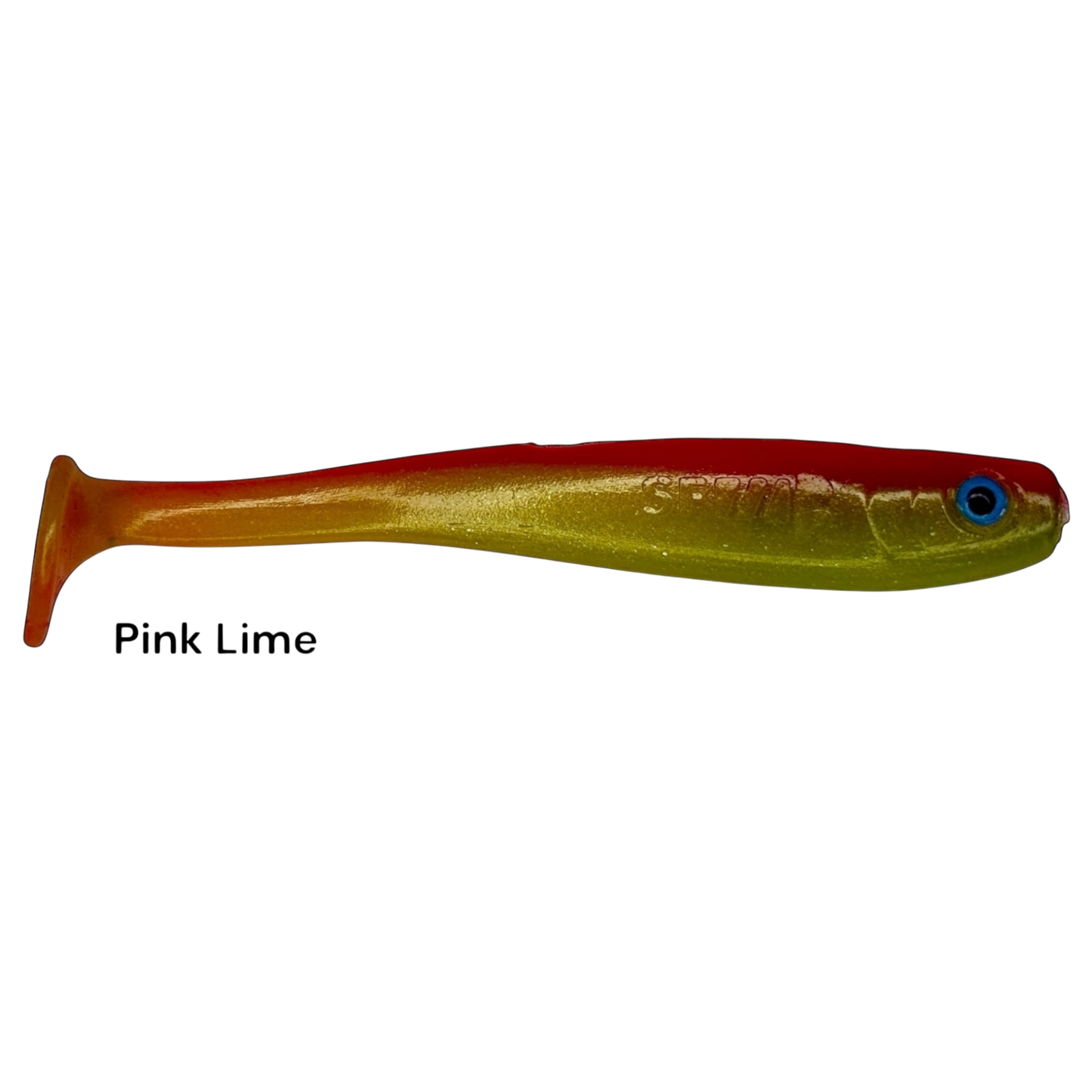 Fish-ing.net KG Shrady 10cm soft plastic fishing lure in Pink Lime color with a paddle tail and blue eye detail