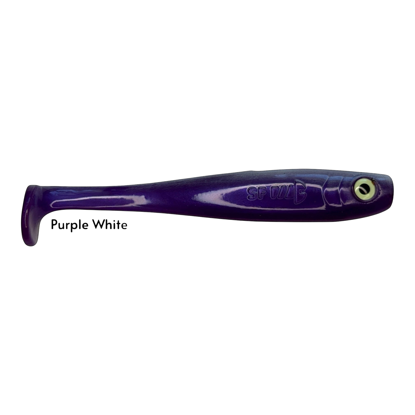 Fish-ing.net KG Shrady 14cm purple and white modular soft plastic fishing lure with screw-in jig system