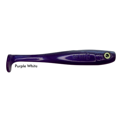 Fish-ing.net KG Shrady 14cm purple and white modular soft plastic fishing lure with screw-in jig system