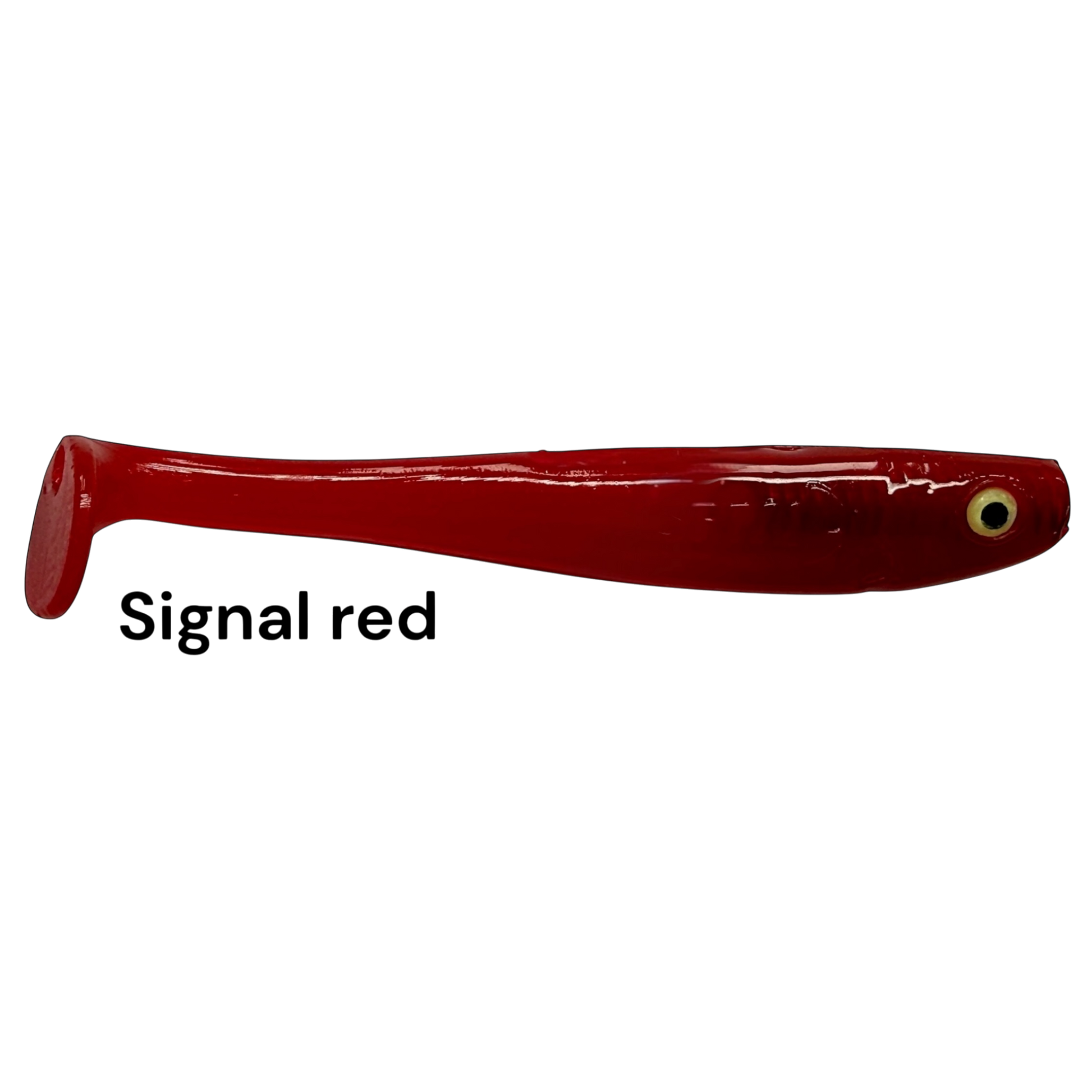 Fish-ing.net KG Shrady 10cm modular soft plastic fishing lure in signal red with a paddle tail design.