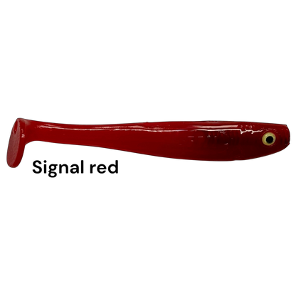 Fish-ing.net KG Shrady 10cm modular soft plastic fishing lure in signal red with a paddle tail design.