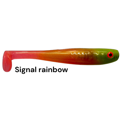 Fish-ing.net KG Shrady 10cm soft plastic lure in signal rainbow color with a paddle tail for predator fishing