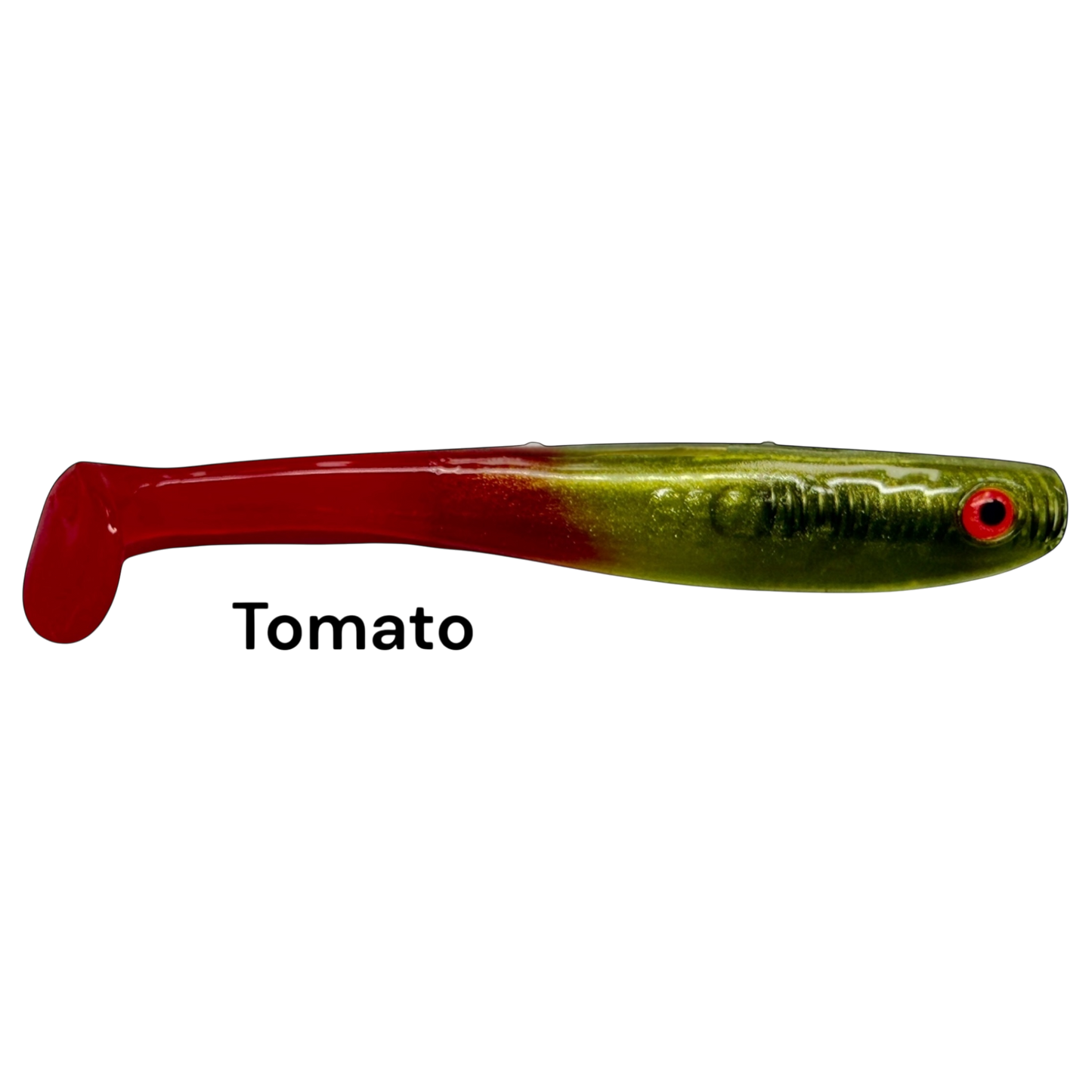 Fish-ing.net KG Shrady 10cm soft plastic fishing lure in tomato colour with a green head and red tail