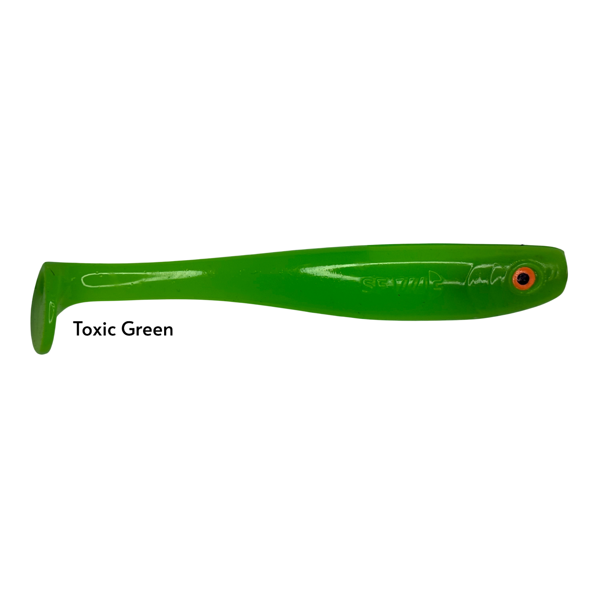 Fish-ing.net KG Shrady 14cm soft plastic fishing lure in toxic green with a paddle tail and realistic orange eye