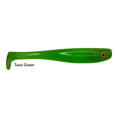 Fish-ing.net KG Shrady 14cm soft plastic fishing lure in toxic green with a paddle tail and realistic orange eye