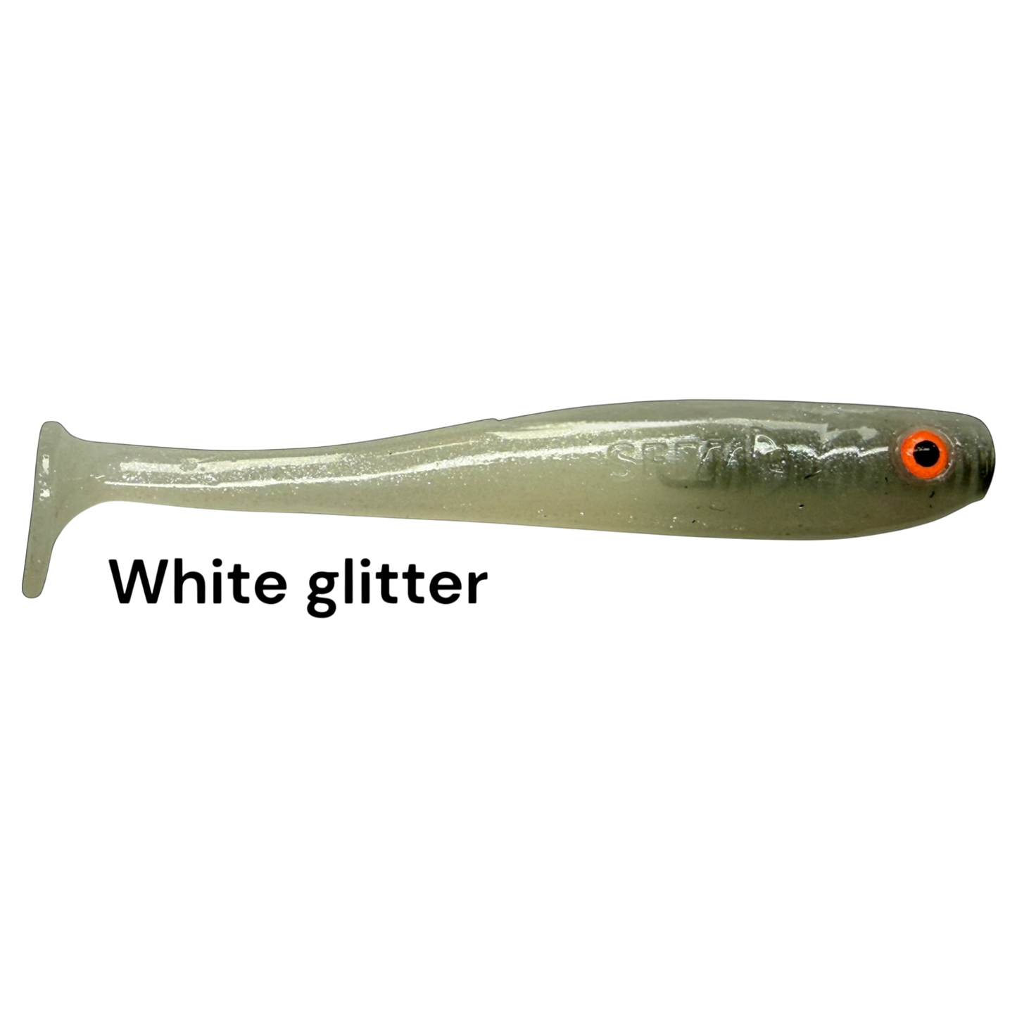 Fish-ing.net KG Shrady 10cm modular white glitter soft plastic fishing lure with orange eye detail