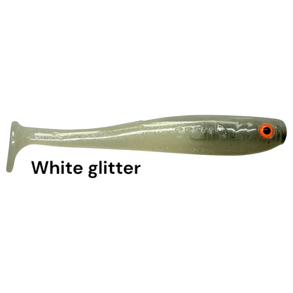 Fish-ing.net KG Shrady 10cm modular white glitter soft plastic fishing lure with orange eye detail