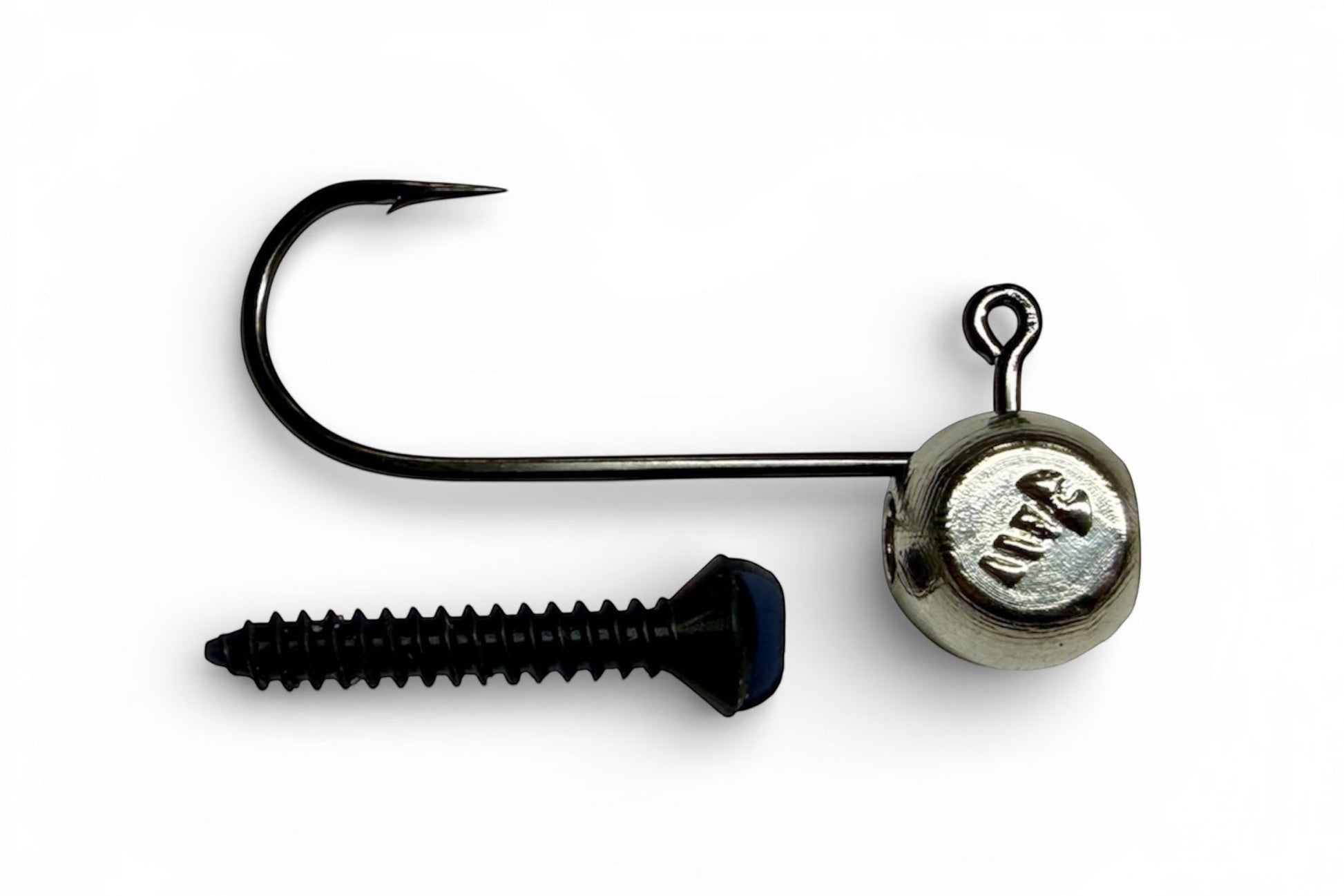 Fish-ing.net KG lead-free screw-in jig head with black screw and silver hook for fishing.