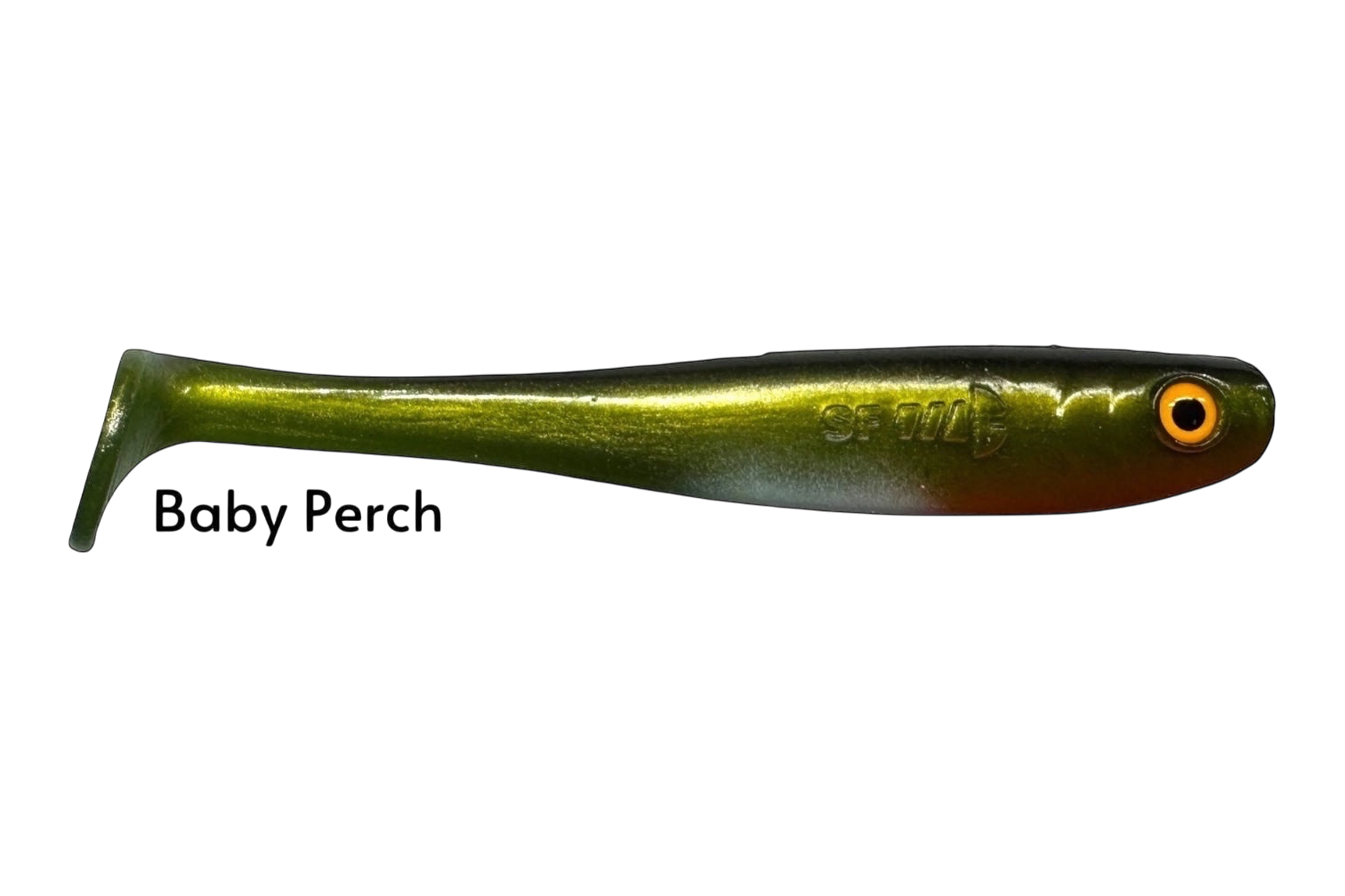 Fish-ing.net KG Shrady 12cm soft plastic fishing lure in baby perch color with realistic eye detail.