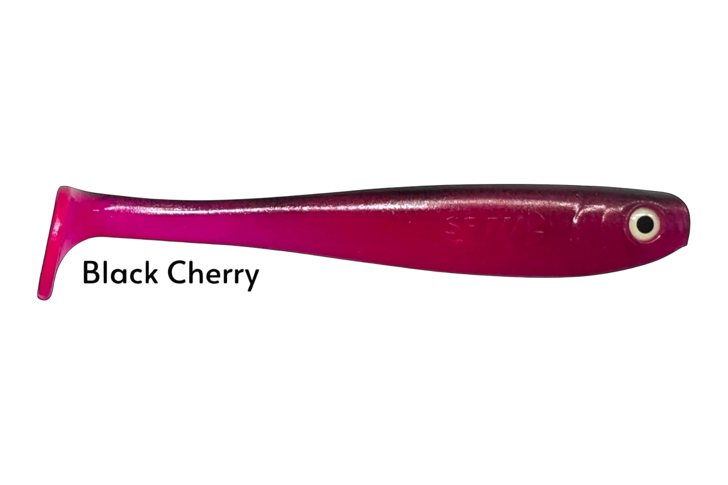 Fish-ing.net KG Shrady 12cm soft plastic fishing lure in black cherry color with a paddle tail.