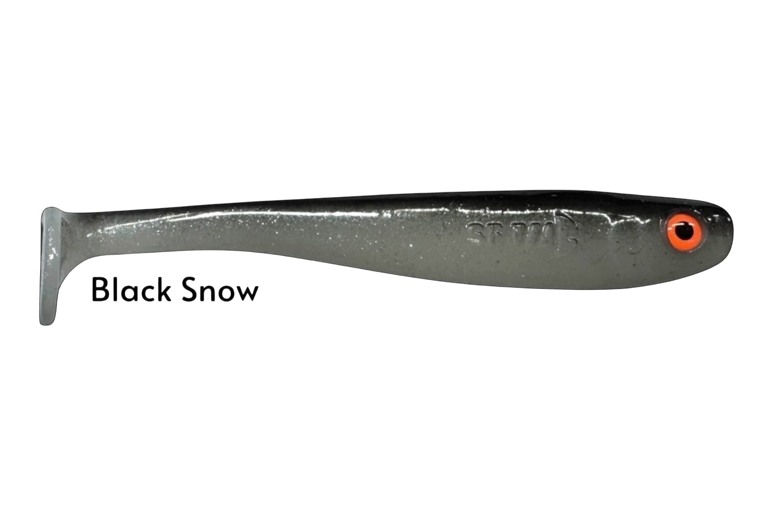 Fish-ing.net KG Shrady 12cm soft plastic fishing lure in Black Snow color with orange eye. Modular design with screw system.