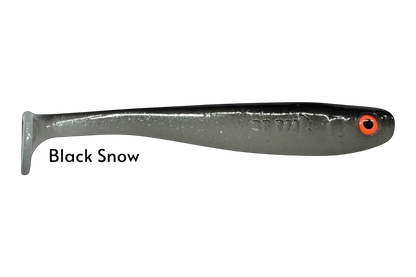 Fish-ing.net KG Shrady 12cm soft plastic fishing lure in Black Snow color with orange eye. Modular design with screw system.
