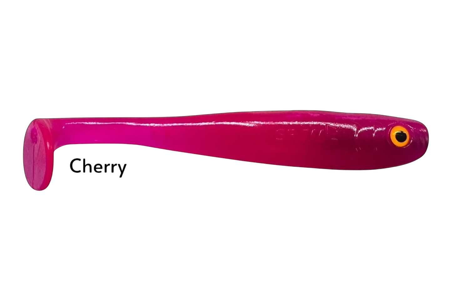 Fish-ing.net KG Shrady 12cm soft plastic fishing lure in cherry red with a paddle tail and orange eye.