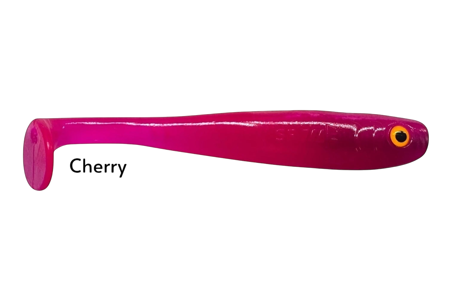 Fish-ing.net KG Shrady 12cm soft plastic fishing lure in cherry red with a paddle tail and orange eye.