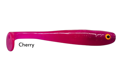Fish-ing.net KG Shrady 12cm soft plastic fishing lure in cherry red with a paddle tail and orange eye.
