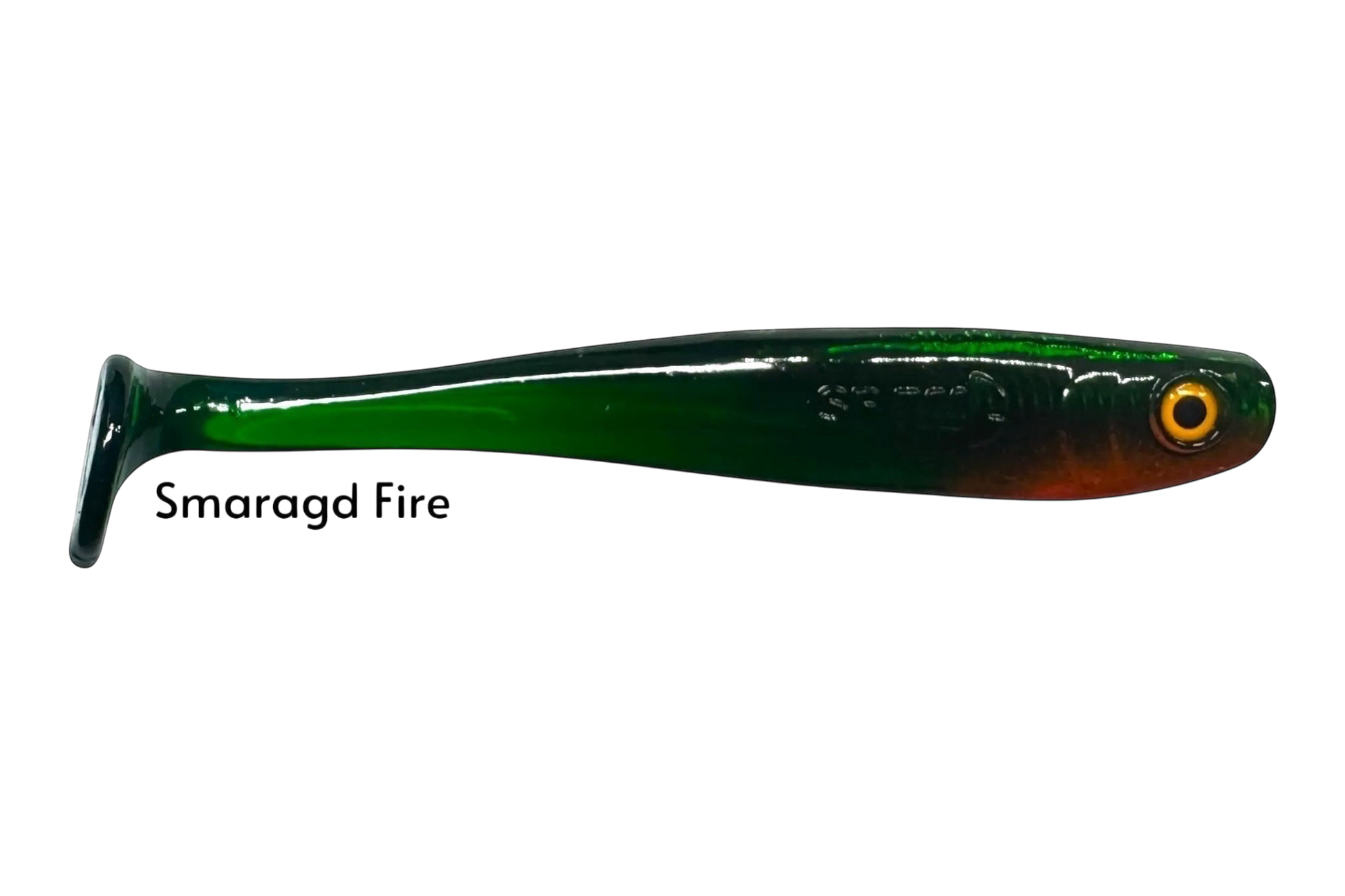 Fish-ing.net KG Shrady 12cm soft plastic fishing lure, green and orange with yellow eye, designed for predatory fish.