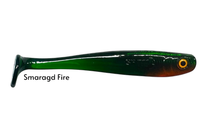 Fish-ing.net KG Shrady 12cm soft plastic fishing lure, green and orange with yellow eye, designed for predatory fish.
