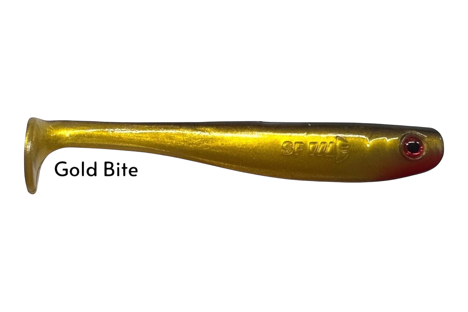 Fish-ing.net KG Shrady 12cm gold soft plastic fishing lure with red eye detail.