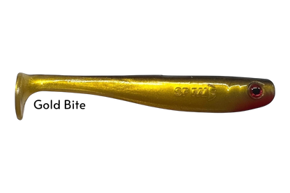 Fish-ing.net KG Shrady 12cm gold soft plastic fishing lure with red eye detail.