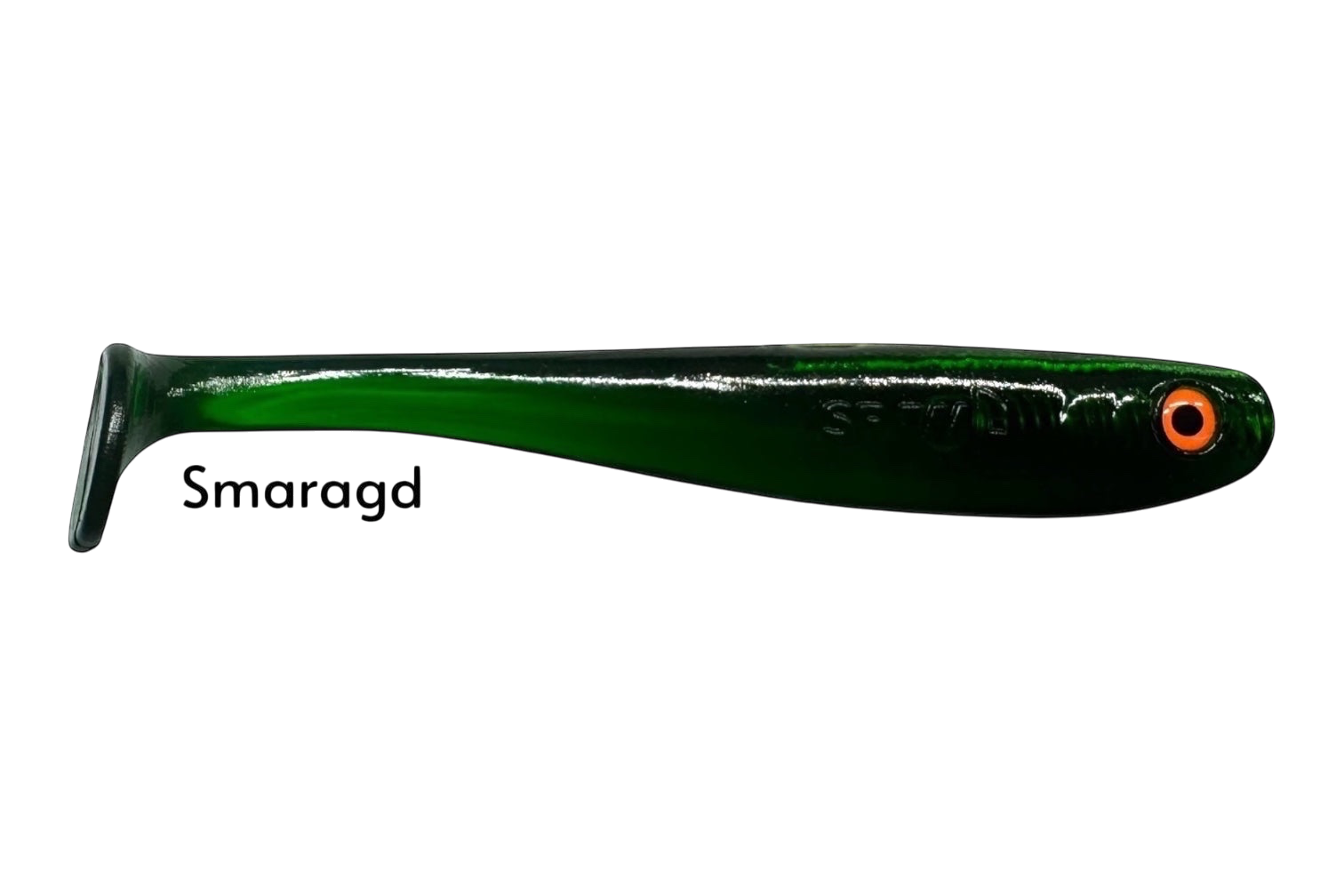 Fish-ing.net KG Shrady 12cm dark green soft plastic fishing lure with orange eye and paddle tail.