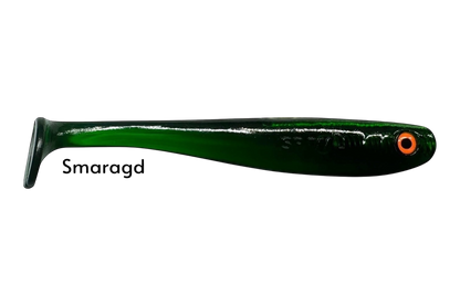 Fish-ing.net KG Shrady 12cm dark green soft plastic fishing lure with orange eye and paddle tail.