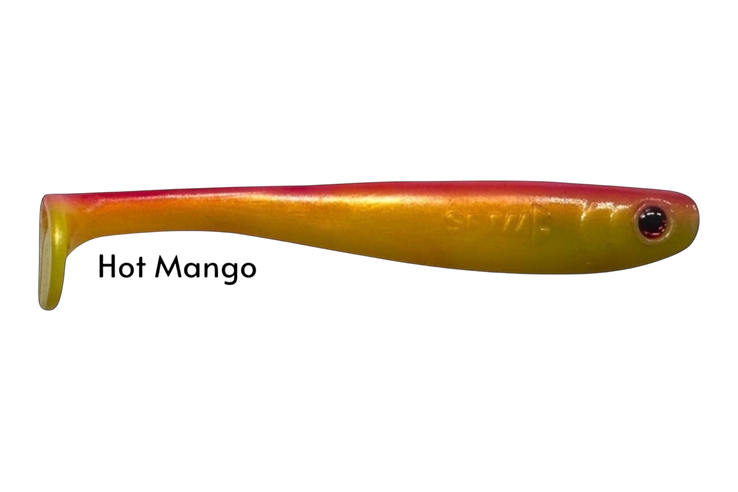 Fish-ing.net KG Shrady 12cm soft plastic fishing lure in hot mango color with red eye detail.