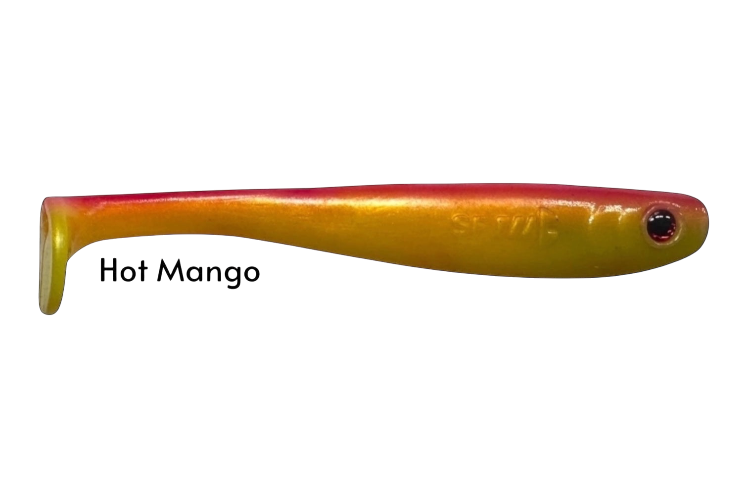 Fish-ing.net KG Shrady 12cm soft plastic fishing lure in hot mango color with red eye detail.