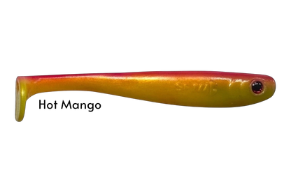 Fish-ing.net KG Shrady 12cm soft plastic fishing lure in hot mango color with red eye detail.