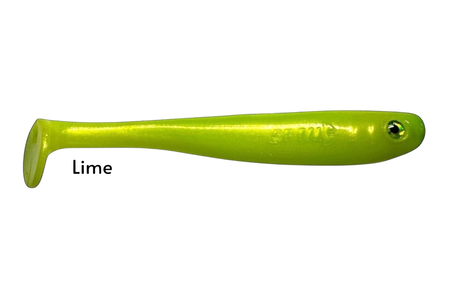 Fish-ing.net KG Shrady 12cm lime green soft plastic fishing lure with paddle tail and integrated screw system.