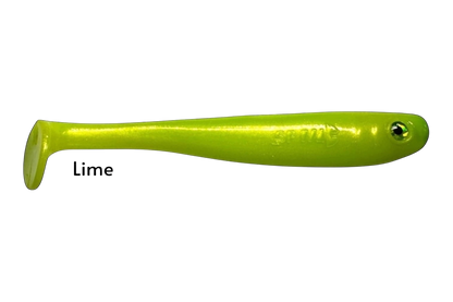 Fish-ing.net KG Shrady 12cm lime green soft plastic fishing lure with paddle tail and integrated screw system.