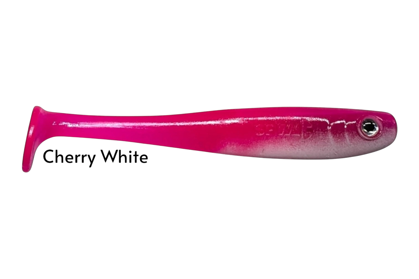 Fish-ing.net KG Shrady 12cm soft plastic fishing lure in cherry white color with a paddle tail.