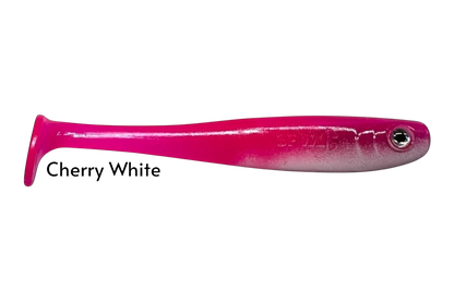 Fish-ing.net KG Shrady 12cm soft plastic fishing lure in cherry white color with a paddle tail.