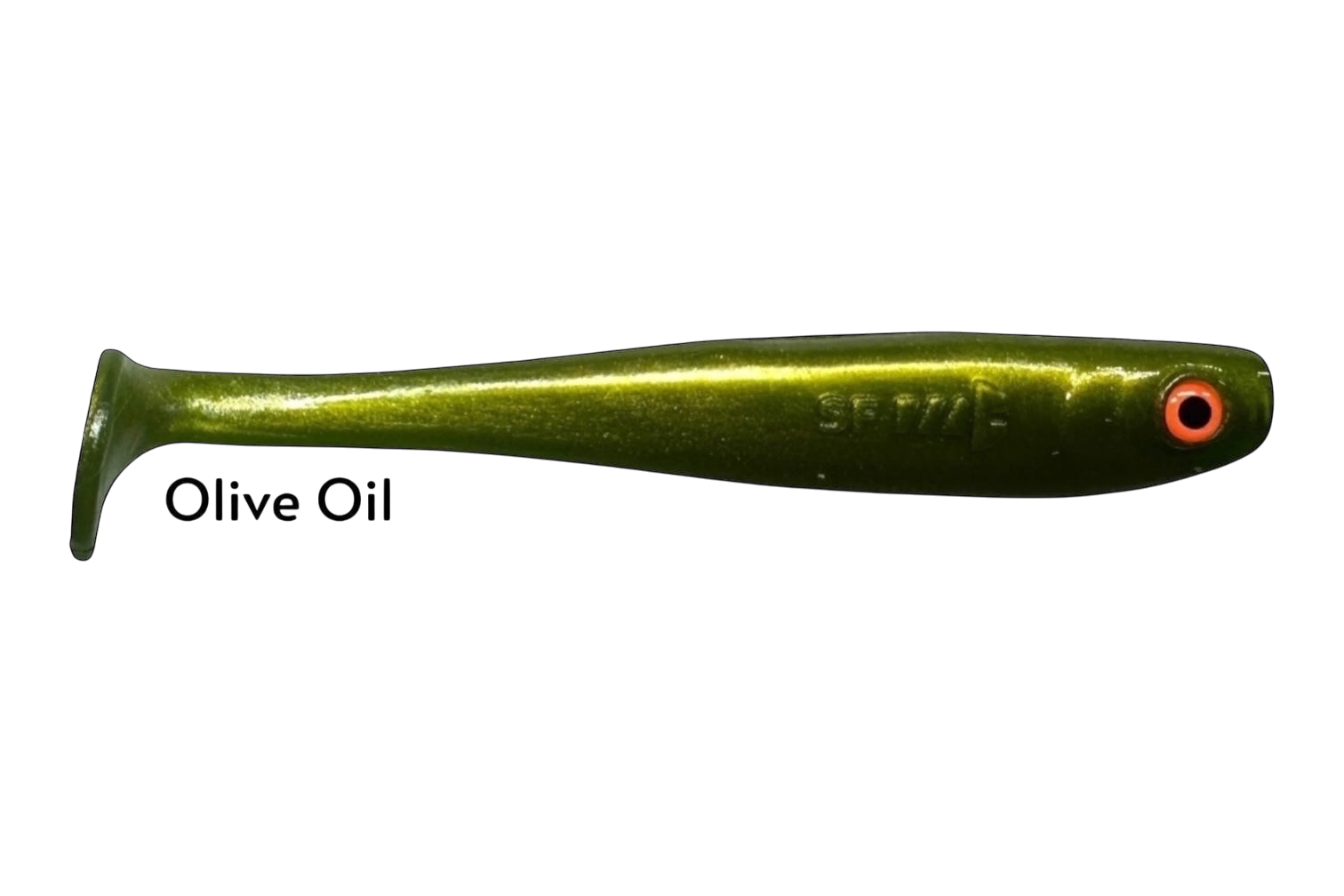 Fish-ing.net KG Shrady 12cm soft plastic fishing lure in olive oil color with orange eye. Modular design with screw system.