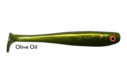 Fish-ing.net KG Shrady 12cm soft plastic fishing lure in olive oil color with orange eye. Modular design with screw system.