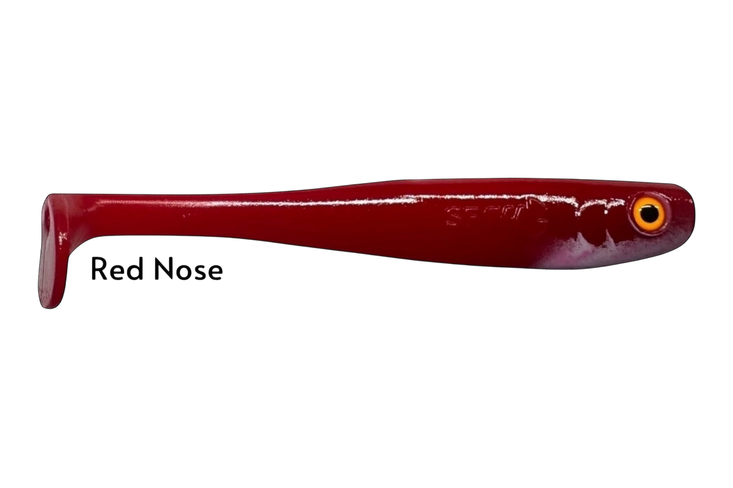 Fish-ing.net KG Shrady 12cm red soft plastic fishing lure with orange eye and integrated screw system.
