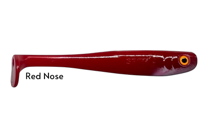 Fish-ing.net KG Shrady 12cm red soft plastic fishing lure with orange eye and integrated screw system.