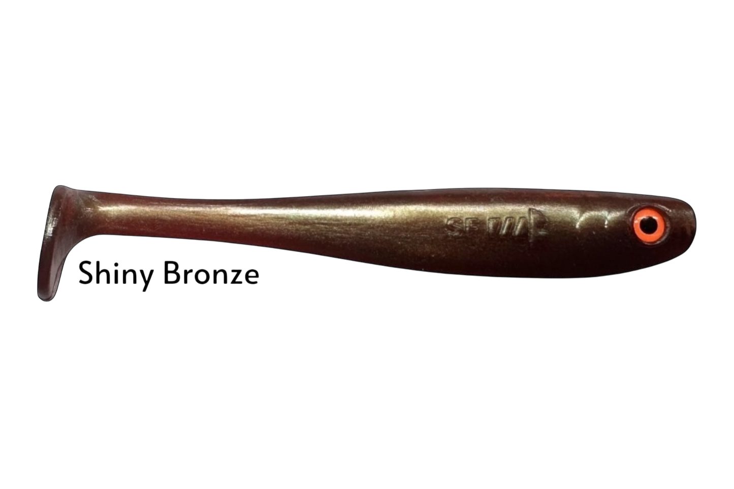 Fish-ing.net KG Shrady 12cm soft plastic fishing lure in shiny bronze with orange eye and paddle tail.