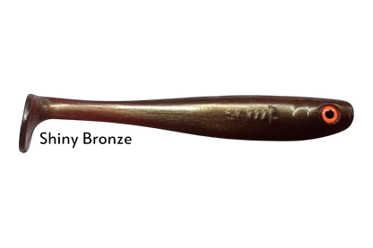 Fish-ing.net KG Shrady 12cm soft plastic fishing lure in shiny bronze with orange eye and paddle tail.