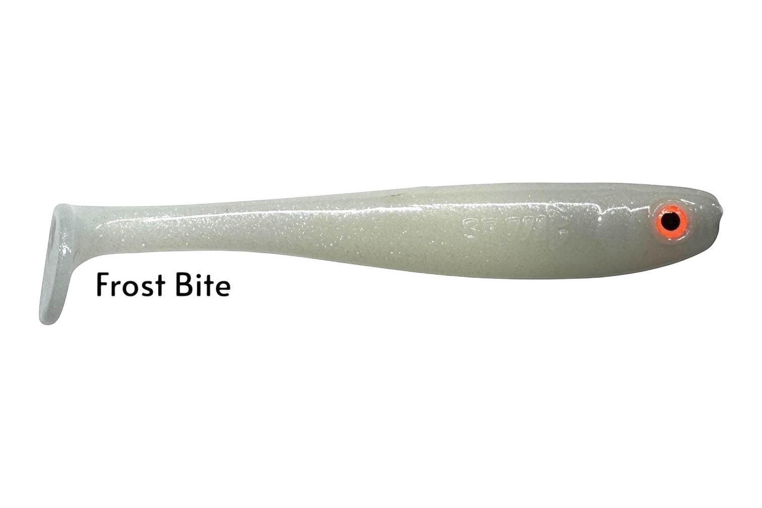 Fish-ing.net KG Shrady 12cm soft plastic fishing lure in Frost Bite color with orange eye. Modular design.