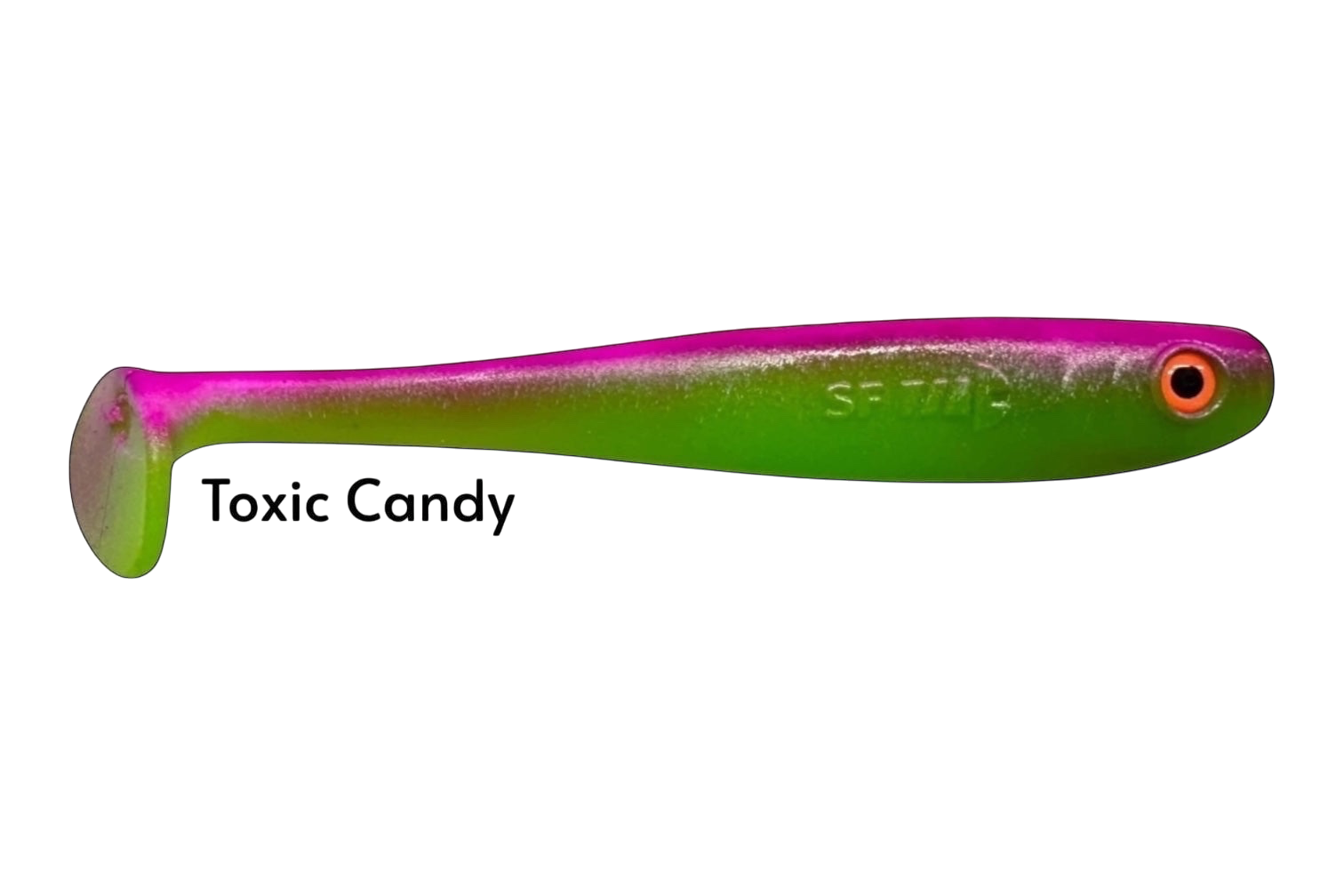 Fish-ing.net KG Shrady 12cm soft plastic fishing lure in toxic candy color, green to pink gradient, with orange eye.