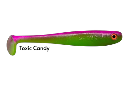 Fish-ing.net KG Shrady 12cm soft plastic fishing lure in toxic candy color, green to pink gradient, with orange eye.