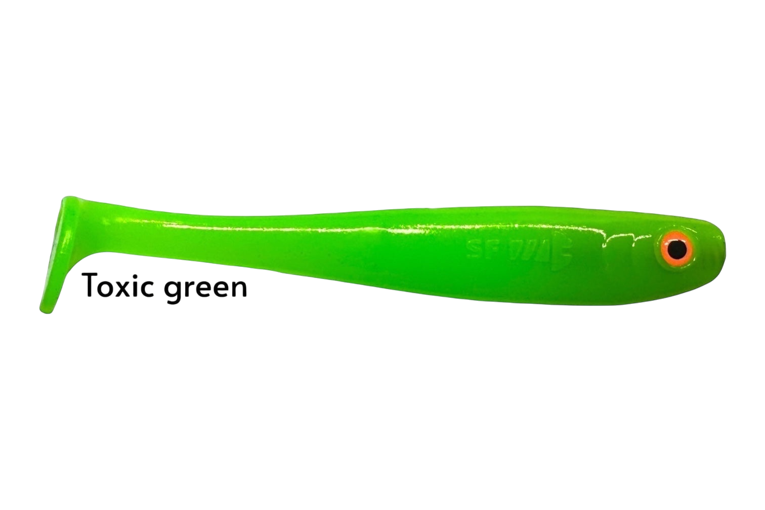 Fish-ing.net KG Shrady 12cm toxic green soft plastic fishing lure with integrated screw system and orange eye detail.