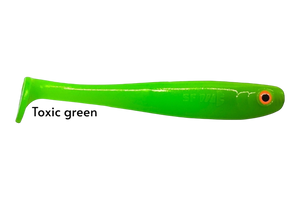 Fish-ing.net KG Shrady 12cm toxic green soft plastic fishing lure with integrated screw system and orange eye detail.