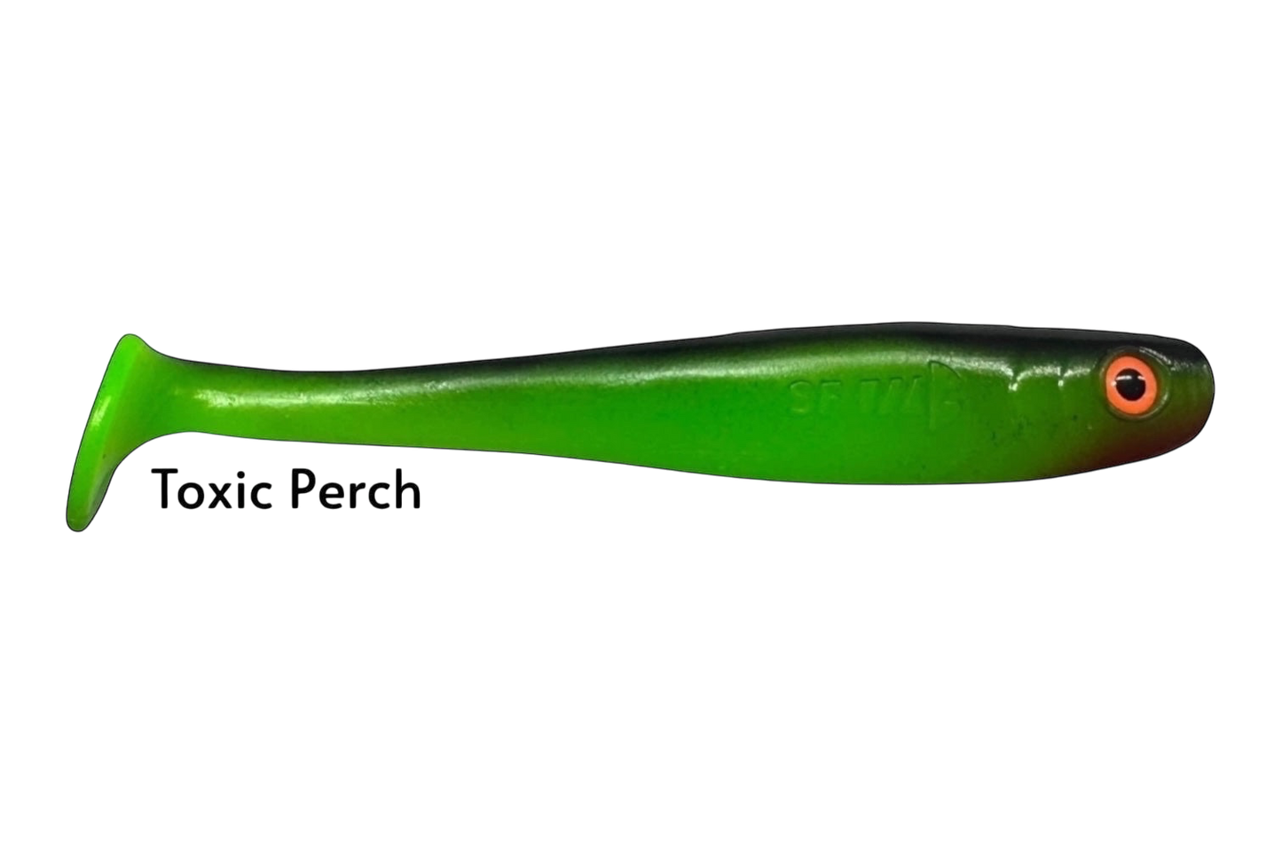 Fish-ing.net KG Shrady 12cm toxic perch soft plastic fishing lure with orange eye and green/black gradient body.
