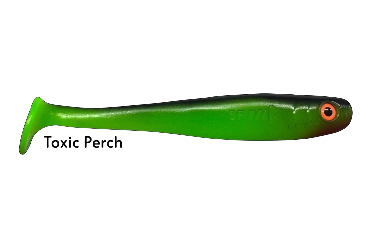 Fish-ing.net KG Shrady 12cm toxic perch soft plastic fishing lure with orange eye and green/black gradient body.