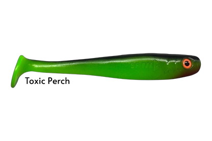 Fish-ing.net KG Shrady 12cm toxic perch soft plastic fishing lure with orange eye and green/black gradient body.