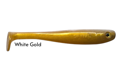 Fish-ing.net KG Shrady 12cm white gold soft plastic fishing lure with paddle tail and integrated screw system.