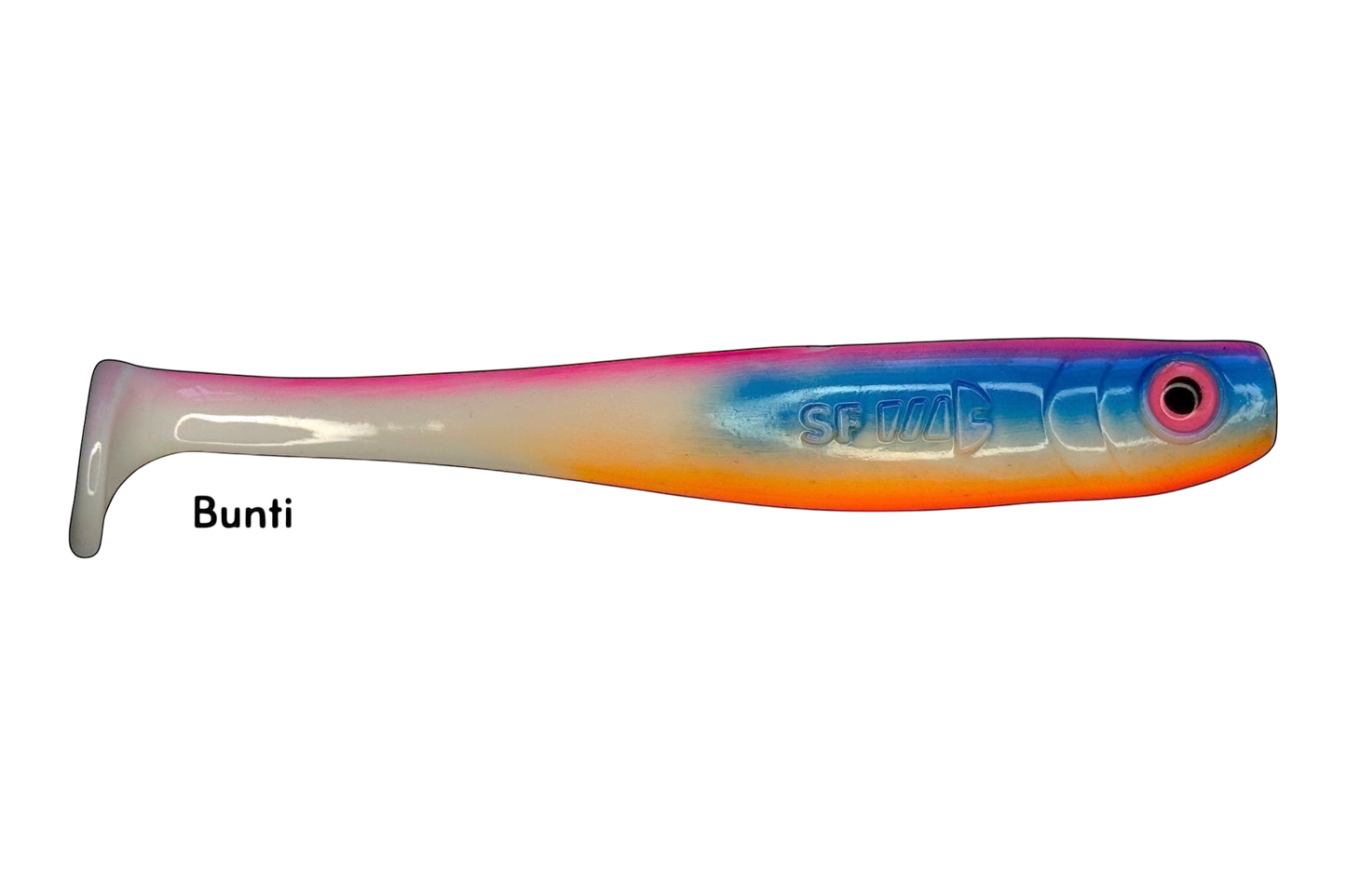 Fish-ing.net KG Shrady 14cm soft plastic fishing lure in Bunti color, with integrated screw system for jig head attachment.